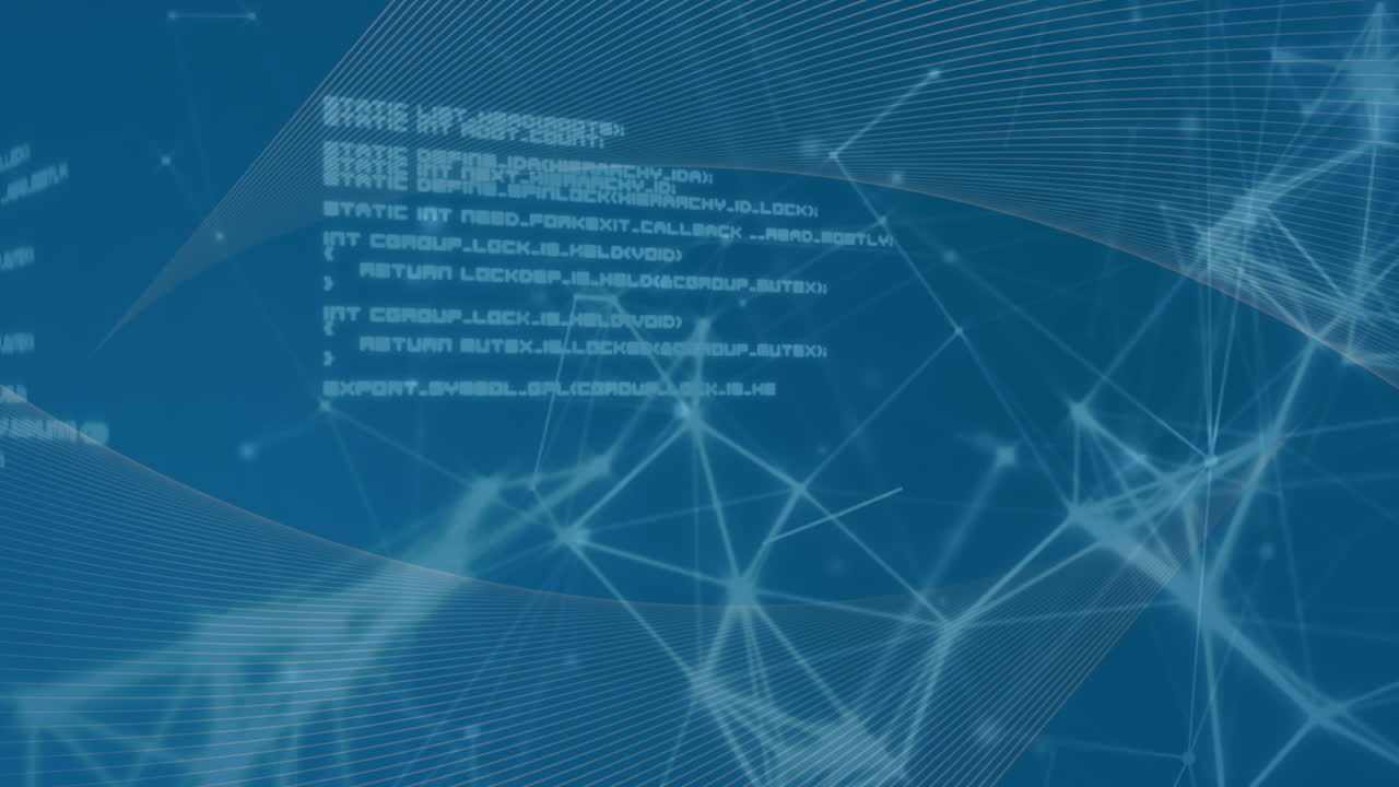 animación del procesamiento de datos, la red de conexiones y las ondas digitales contra un fondo azul