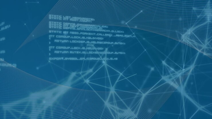 Animation of data processing, network of connections and digital waves against blue background