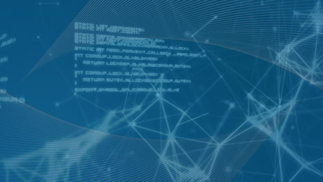 animation of data processing, network of connections and digital waves against blue background