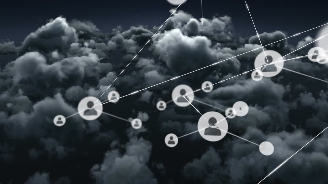 Animazione di una rete di connessioni di icone con persone su nuvole