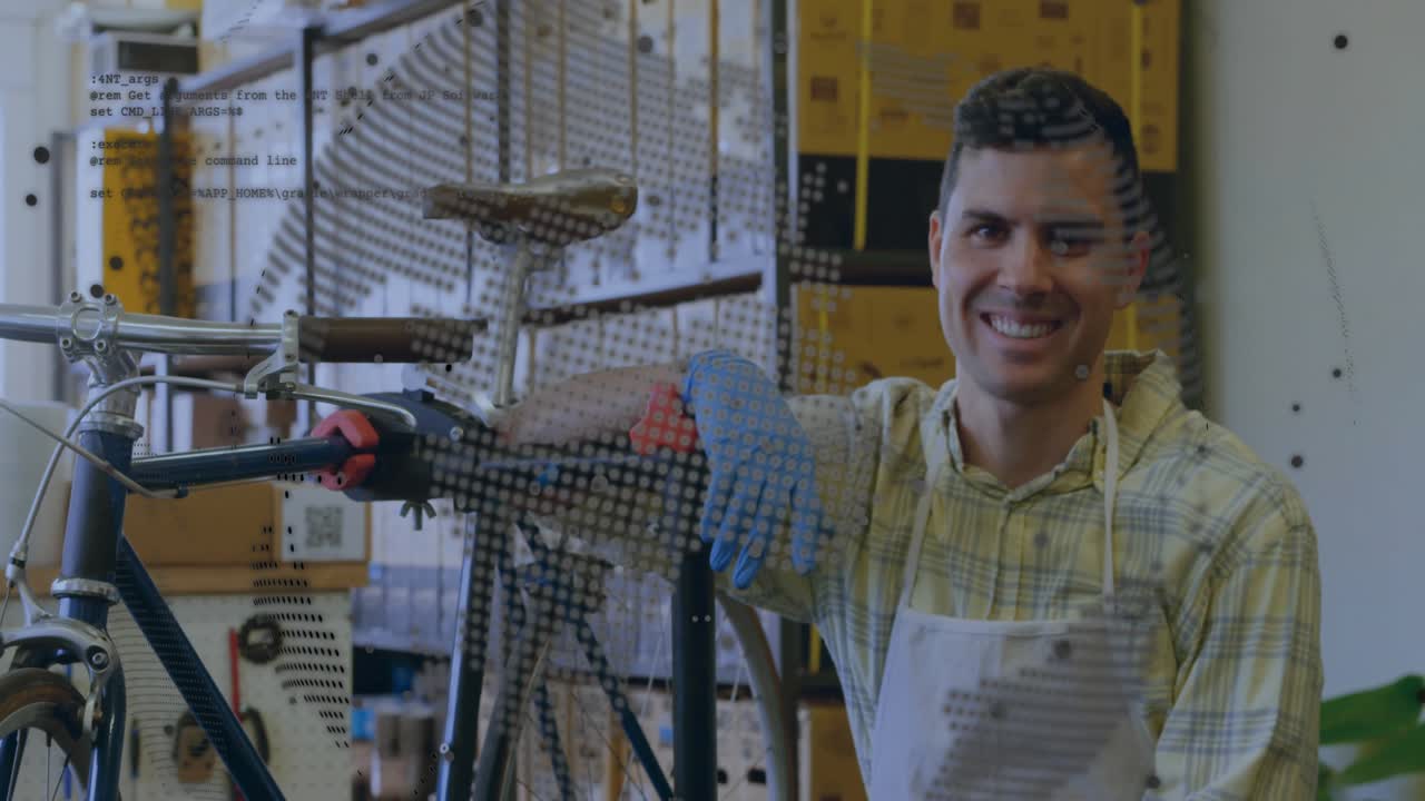 Bicycle mechanic tightening clamp around frame securing and adjusting seat post with playful wink