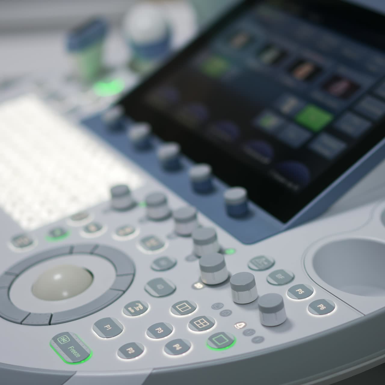 Keyboard, sensor screen and set of buttons on the modern machine for ultrasound diagnostics. Advanced equipment for sonography in clinics. Close up. Blurred backdrop
