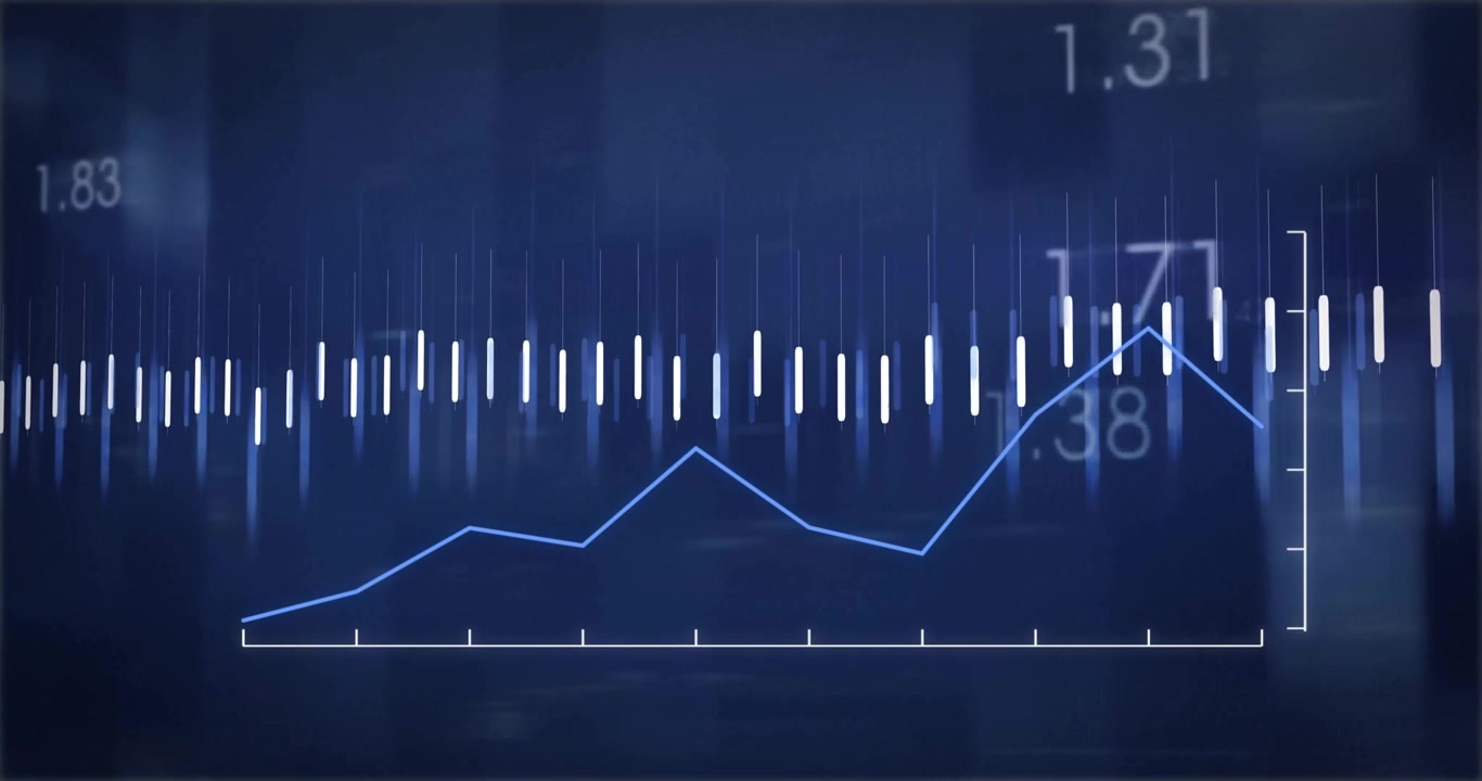 Animated dashboard displaying candlestick bars glowing blue along neon line chart tracing peaks