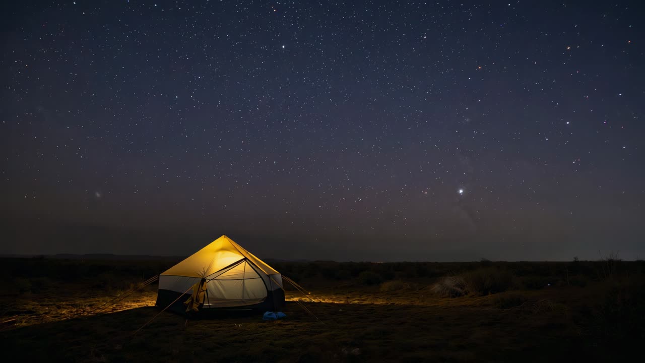 Glowing after lantern turning on, two-person tent lighting open plain with blue duffel, bright star