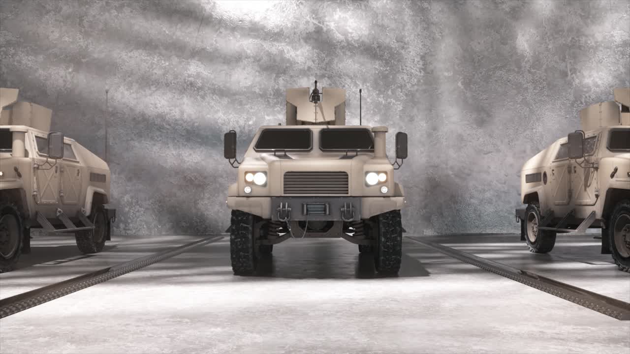 военные машины, припаркованные на складе