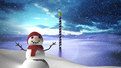 Animation-of-snowman-and-snow-falling-over-snowy-landscape