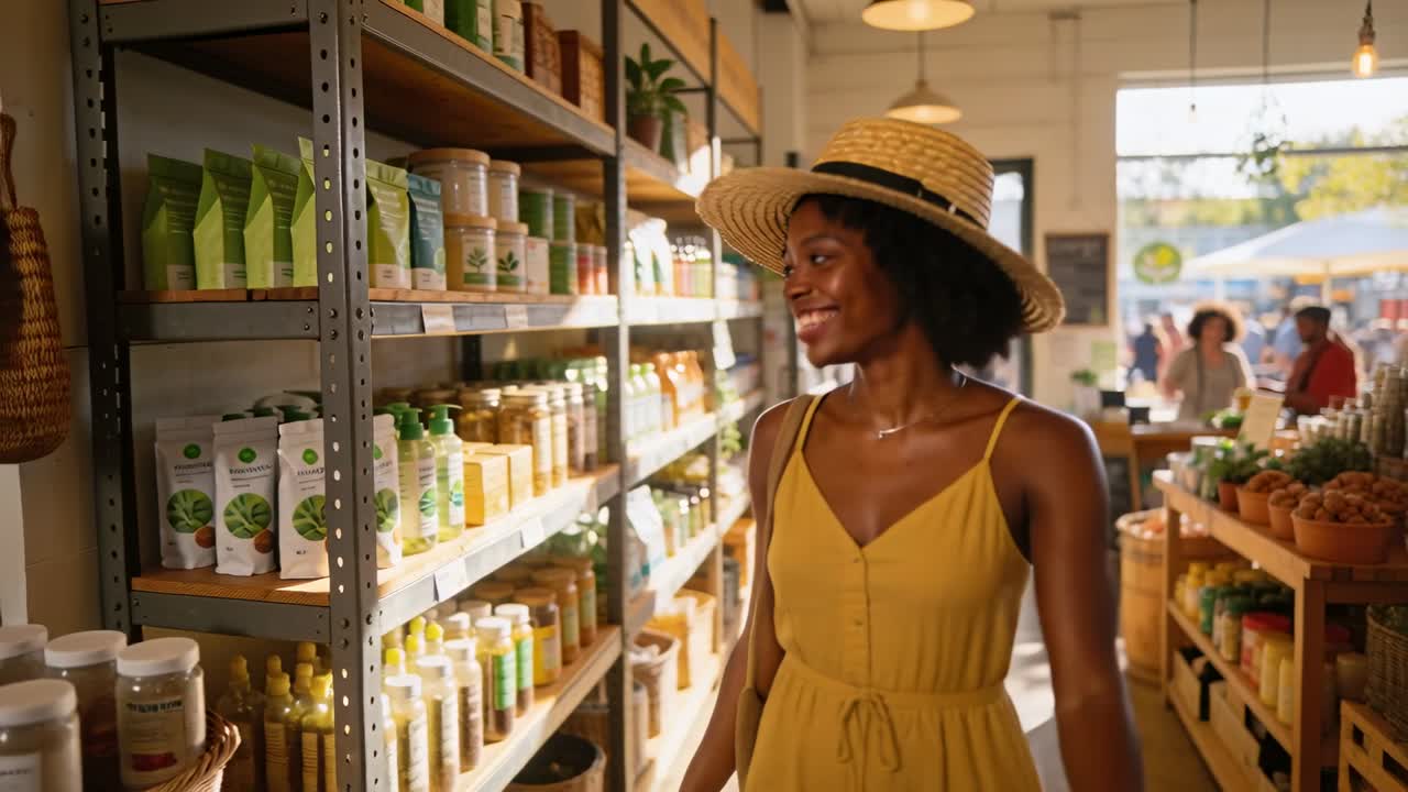 Entering door, woman in yellow dress, straw hat walking market aisle, checking shelves for shopping