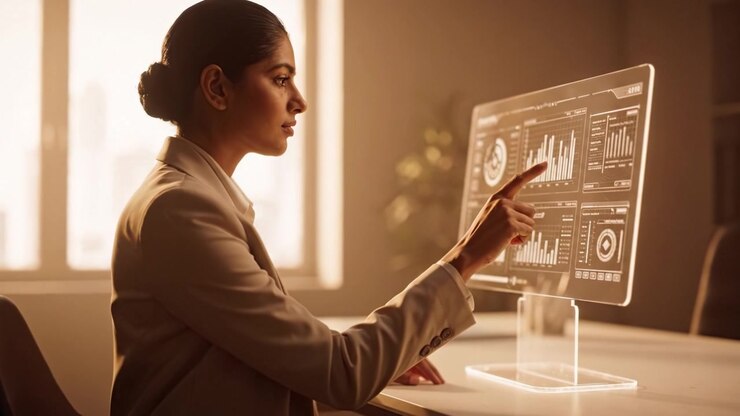 Professional woman engages with interactive digital interface showcasing data analysis and graphical insights in a modern office setting, reflecting a focused atmosphere.