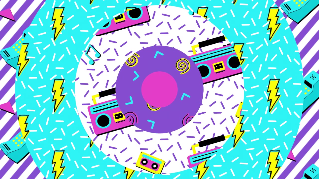 Animazione di telefoni cellulari blu retrò e forme colorate che si muovono su strisce viola e bianche.
