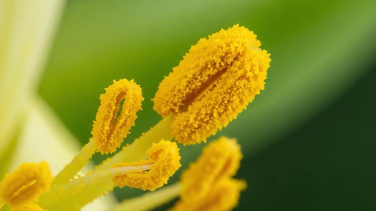 Close-up of Vibrant Yellow Pollen Structures on a Flower, Showcasing the Intricate Details and Rich Textures of Nature's Reproductive Organs in Stunning Clarity