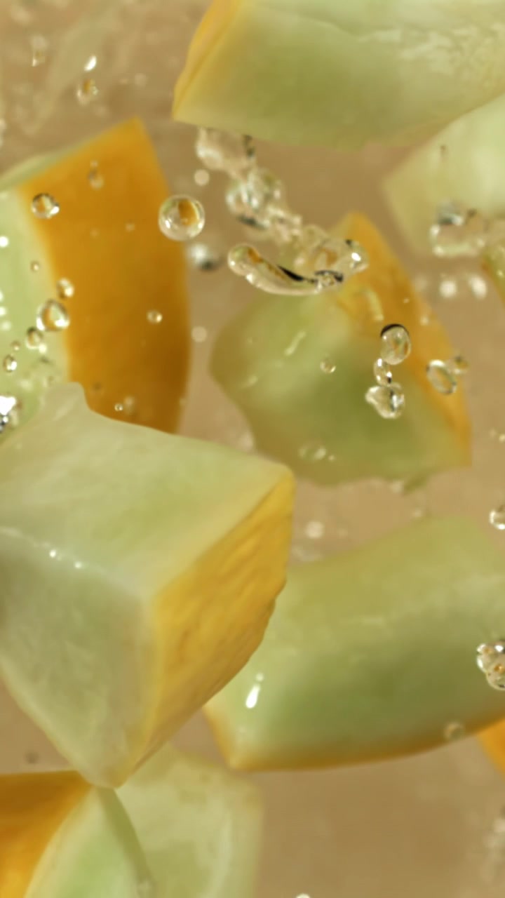 Close-Up of Fresh Melon Pieces Splashing in Water