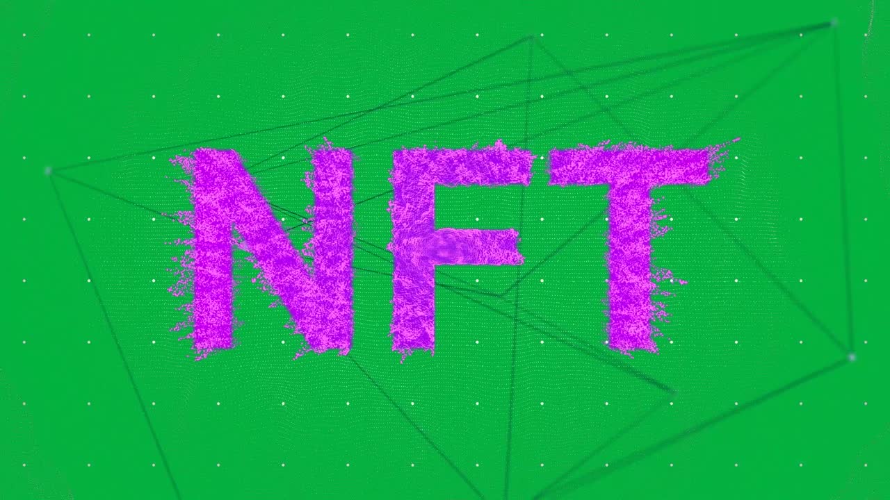 animación de texto rosa de nft a través de la red de conexiones en fondo verde