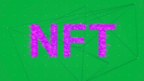 animation of nft pink text over network of connections on green background