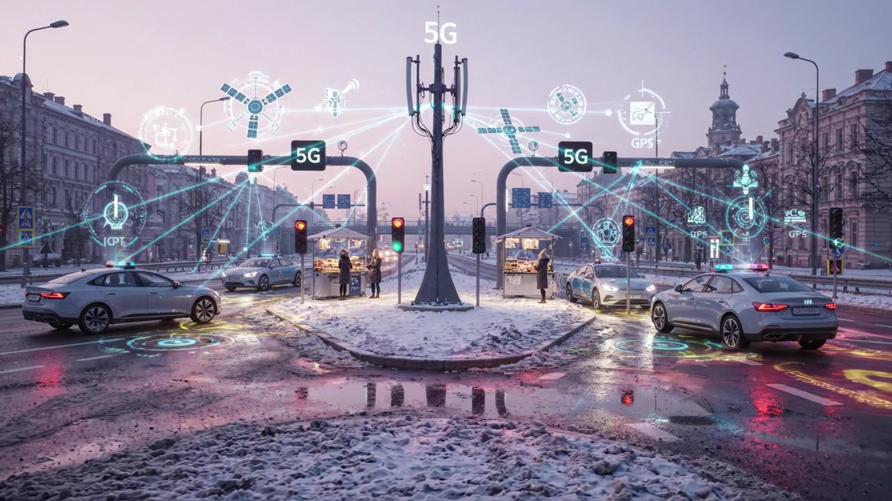 Un incrocio urbano futuristico con connettività 5G e gestione del traffico in un paesaggio innevato, che mostra la tecnologia moderna nella pianificazione urbana.