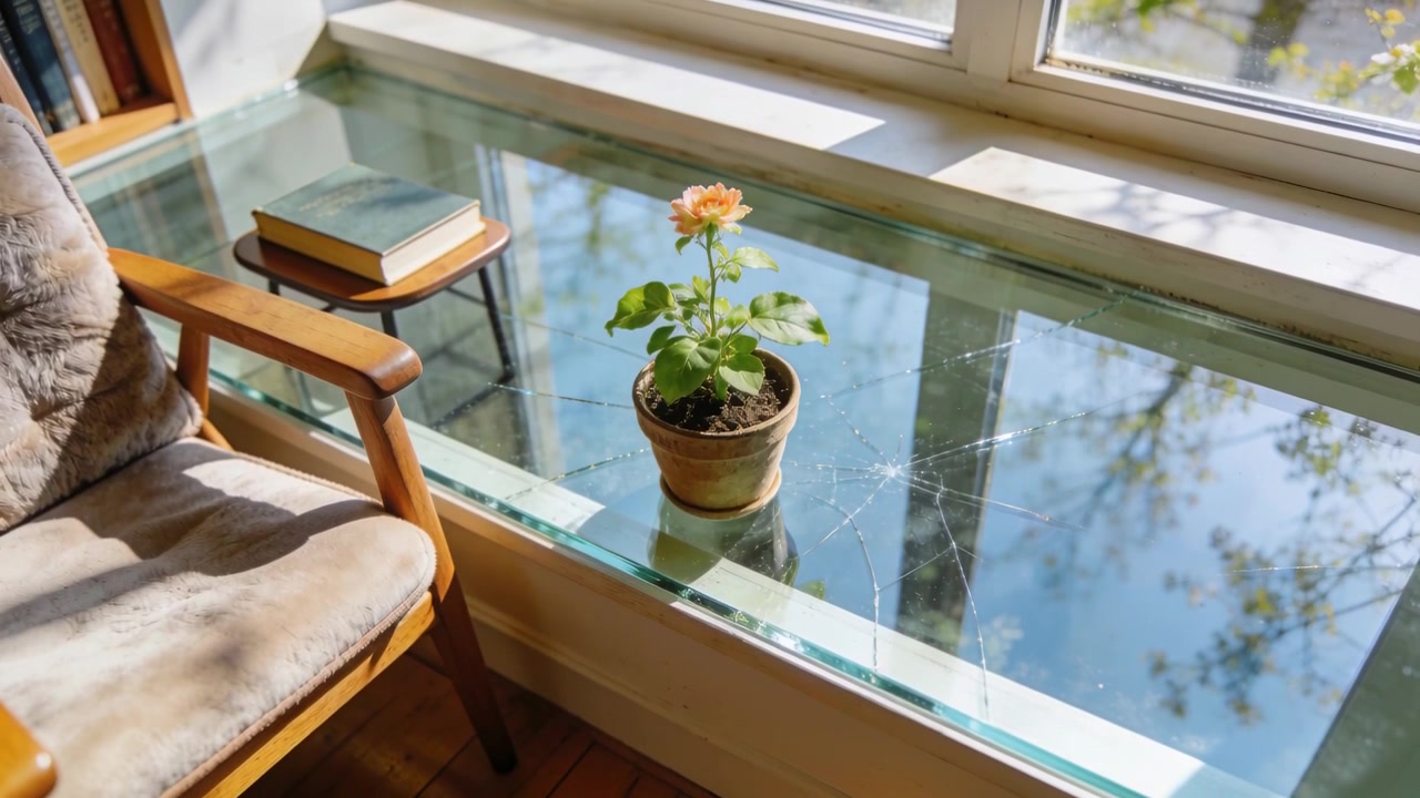 Sliding camera moving forward right at window table, framing potted orange bloom on cracked glass