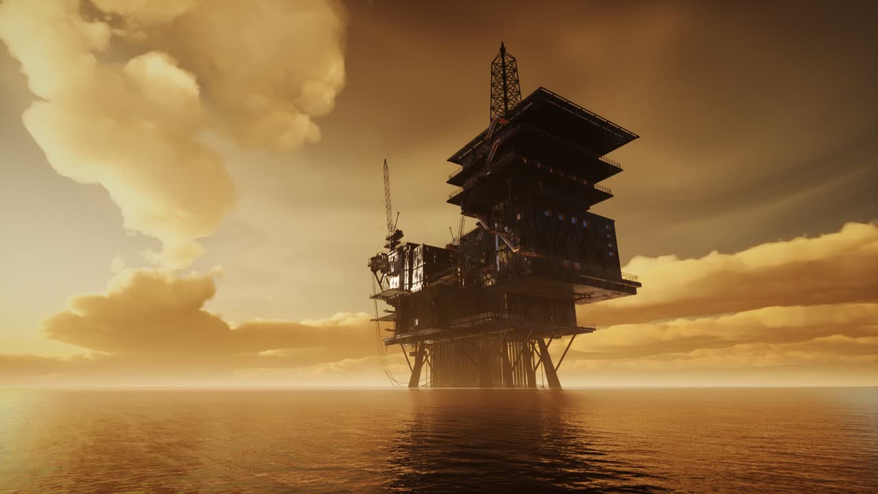 Offshore Jack Up Rig in The Middle of The Sea at Sunset Time