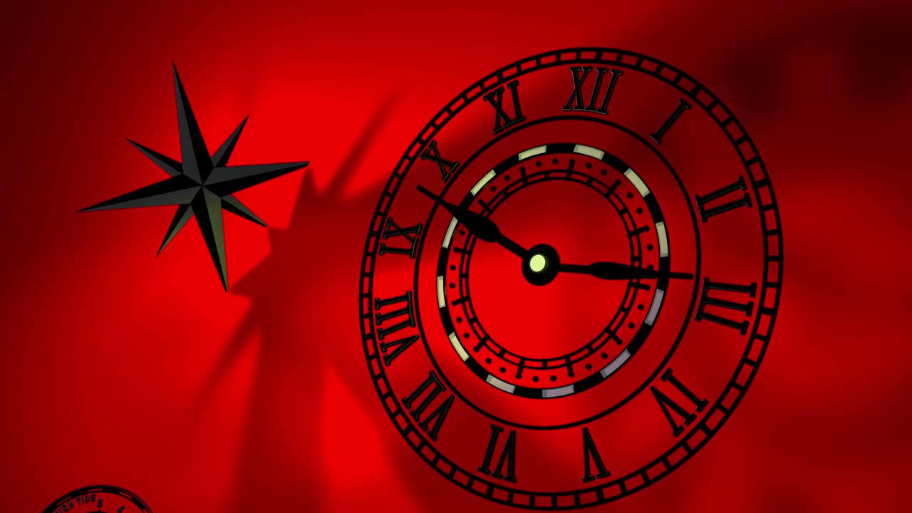 오래된 전통적인 고대 시계의 3d 애니메이션 - 빨간색 배경에 해양 상징