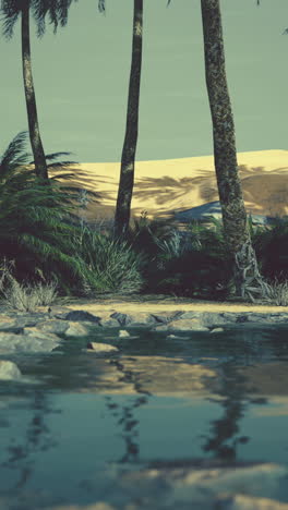 paisaje de oasis desértico con palmeras y agua