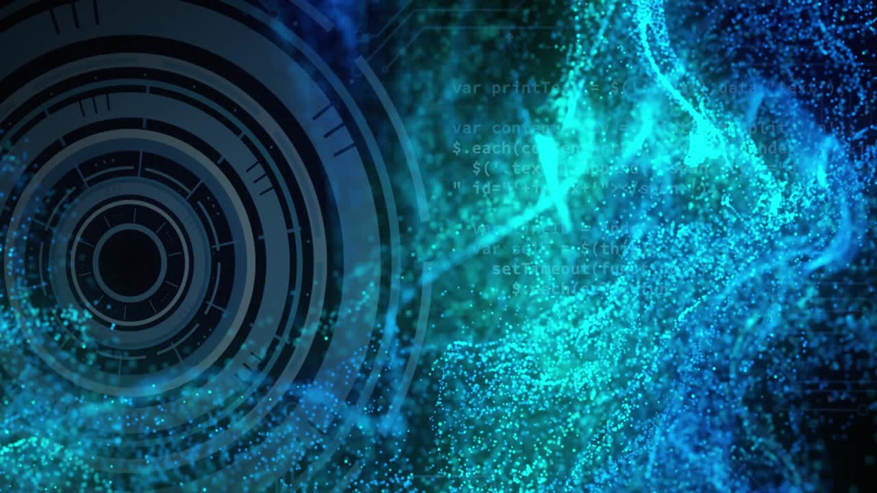 Animation of glowing blue digital wave over round scanner and data processing on black background