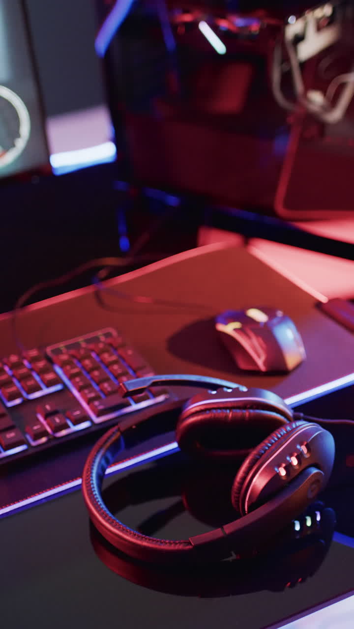 Vertical video of video game computer equipment with headphones on purple neon background