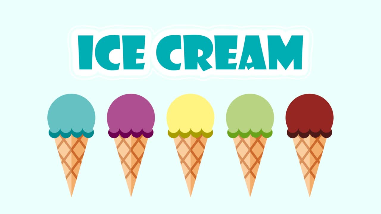 bolas de helado cayendo sobre un waffle en forma de cono. video para la presentación. ilustración animada de bucle