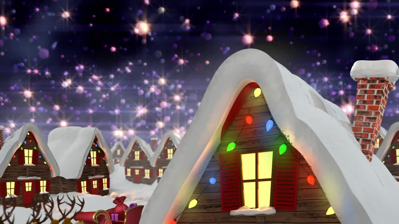 별이 떨어지는 다채로운 불빛이 요정의 불빛으로 집 위에 떨어지는 애니메이션