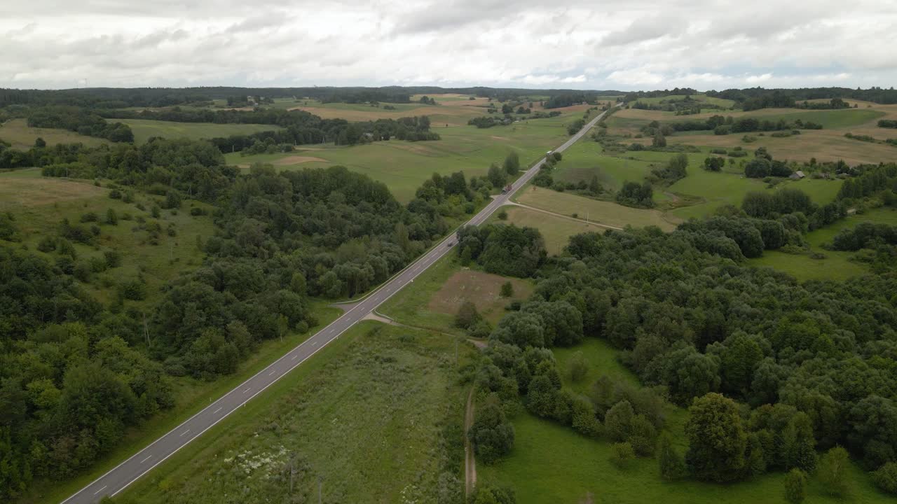 Ripresa aerea di una lunga autostrada con auto in transito circondata da alberi verdi e lussureggianti su entrambi i lati-2