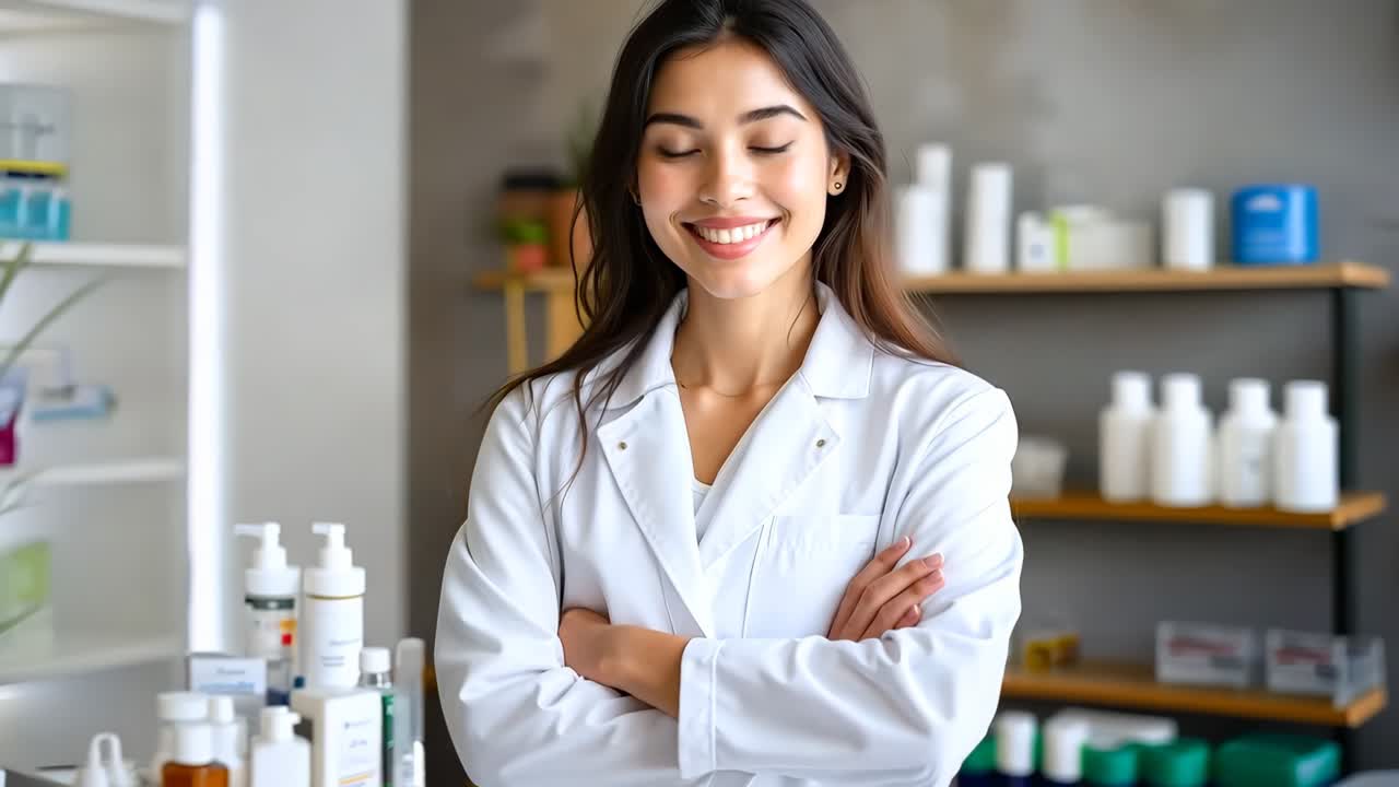 Una mujer con una bata blanca de laboratorio de pie frente a un mostrador con los brazos cruzados
