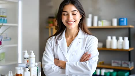 una mujer con una bata de laboratorio blanca de pie frente a un mostrador con los brazos cruzados