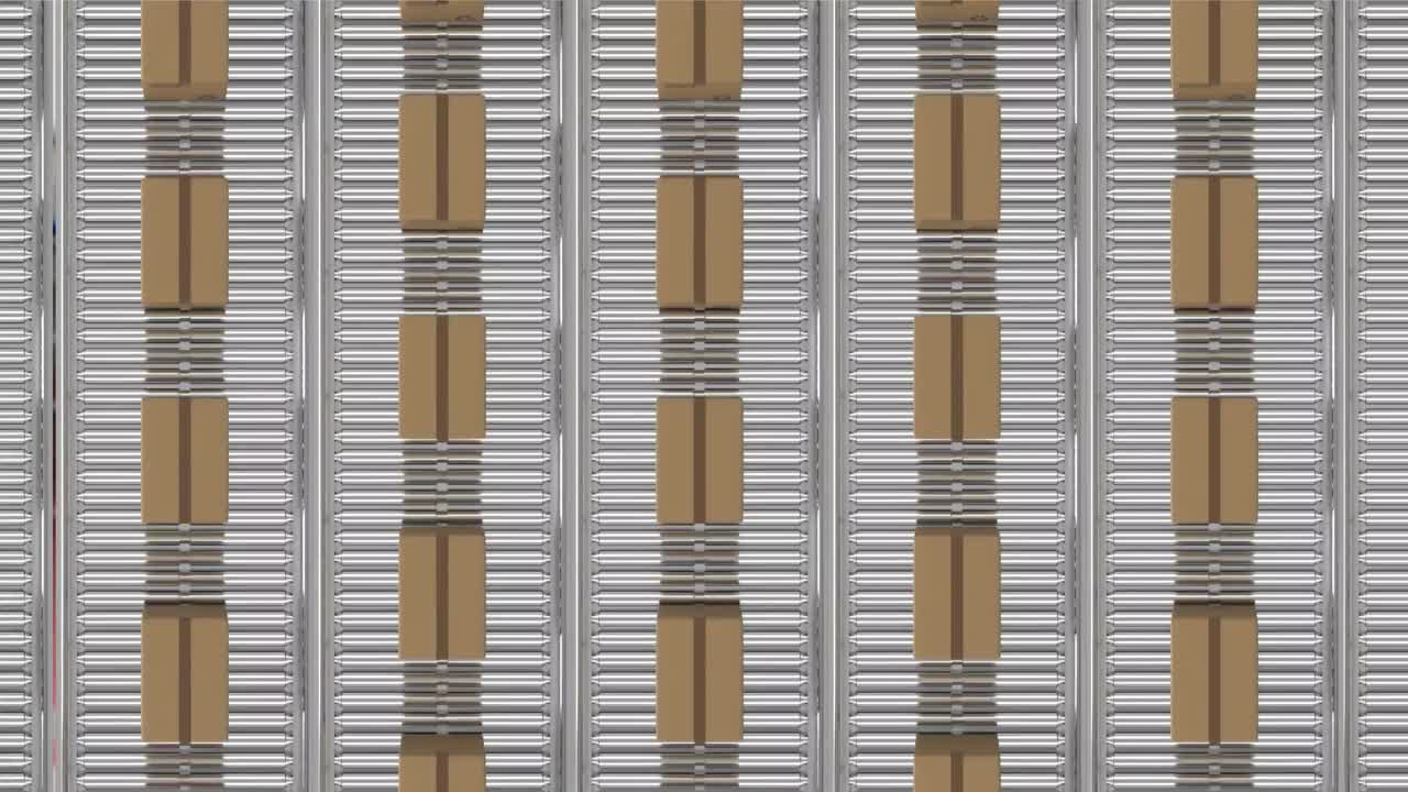 창고의 컨베이어 벨트에 있는 카드보드 상자의 애니메이션