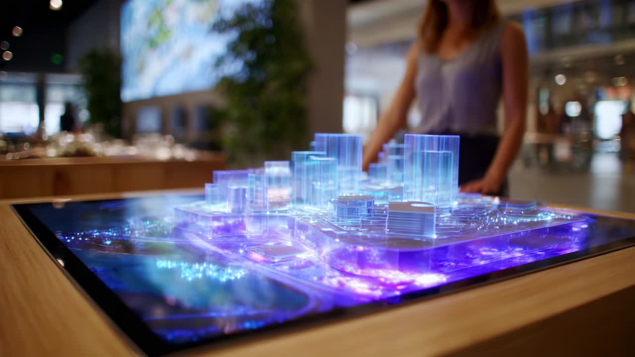 A Captivating Display of a Modern Architectural Model with Illuminated Structures on a Digital Tabletop, Showcasing an Innovative Urban Landscape Concept in a Contemporary Exhibition Space