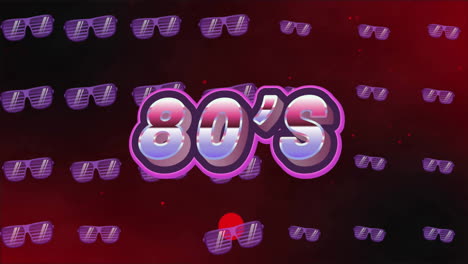 animation of 80s text over sunglasses pattern on dark background