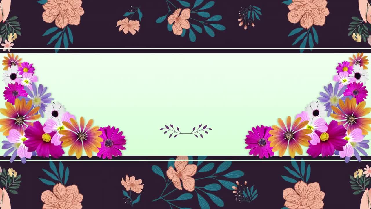 Animação de flores e padrão floral com espaço para texto em fundo verde.