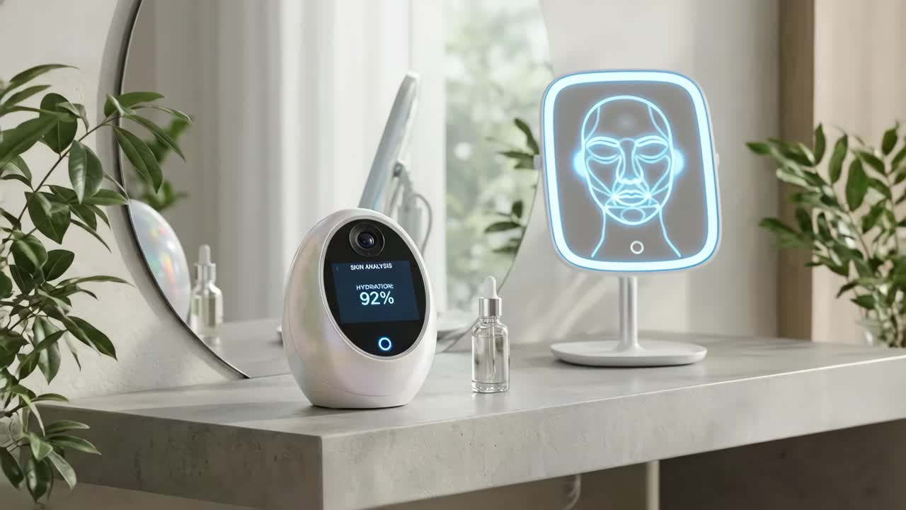 Appareil d’analyse cutanée futuriste affichant des indicateurs de beauté