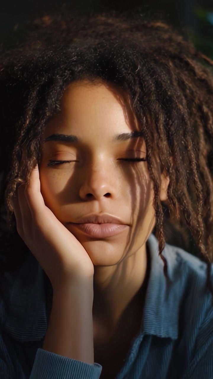 A serene young woman with natural dreadlocks resting her chin on her hand, conveying a moment of tranquility and inner peace in a softly lit environment.
