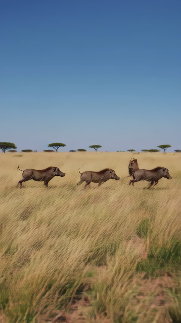 Warthogs Running in the African Savannah