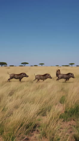 warthogs running in the african savannah