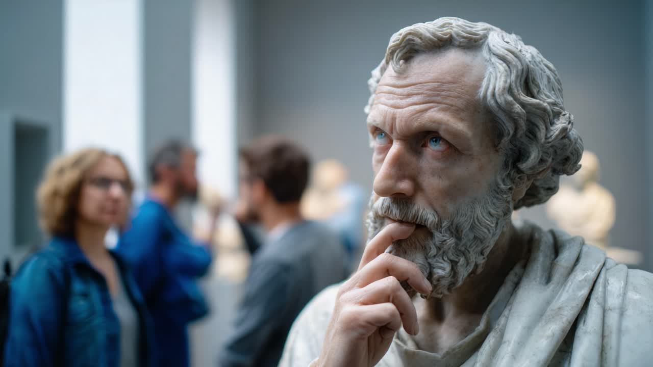 Una scultura pensosa di un filosofo esposta in un museo, che cattura l'essenza dell'introspezione tra visitatori coinvolti e un'atmosfera artistica.
