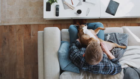 Fotografía-Cenital-Mirando-Hacia-Abajo-A-Un-Hombre-En-Casa-Sentado-En-Un-Sofá-Jugando-Con-Un-Bulldog-Como-Mascota