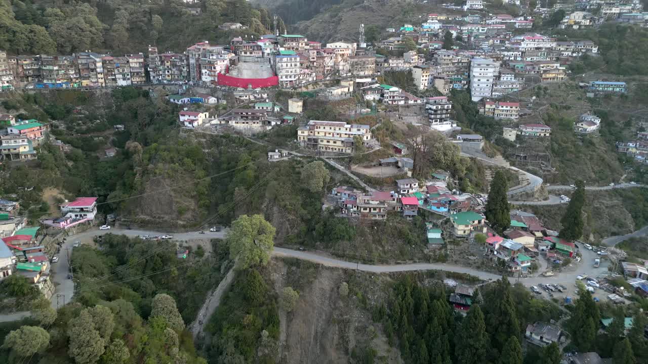 colorful buldings on hills in mussoorie bird eye view in india
