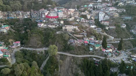 colorful buldings on hills in mussoorie bird eye view in india