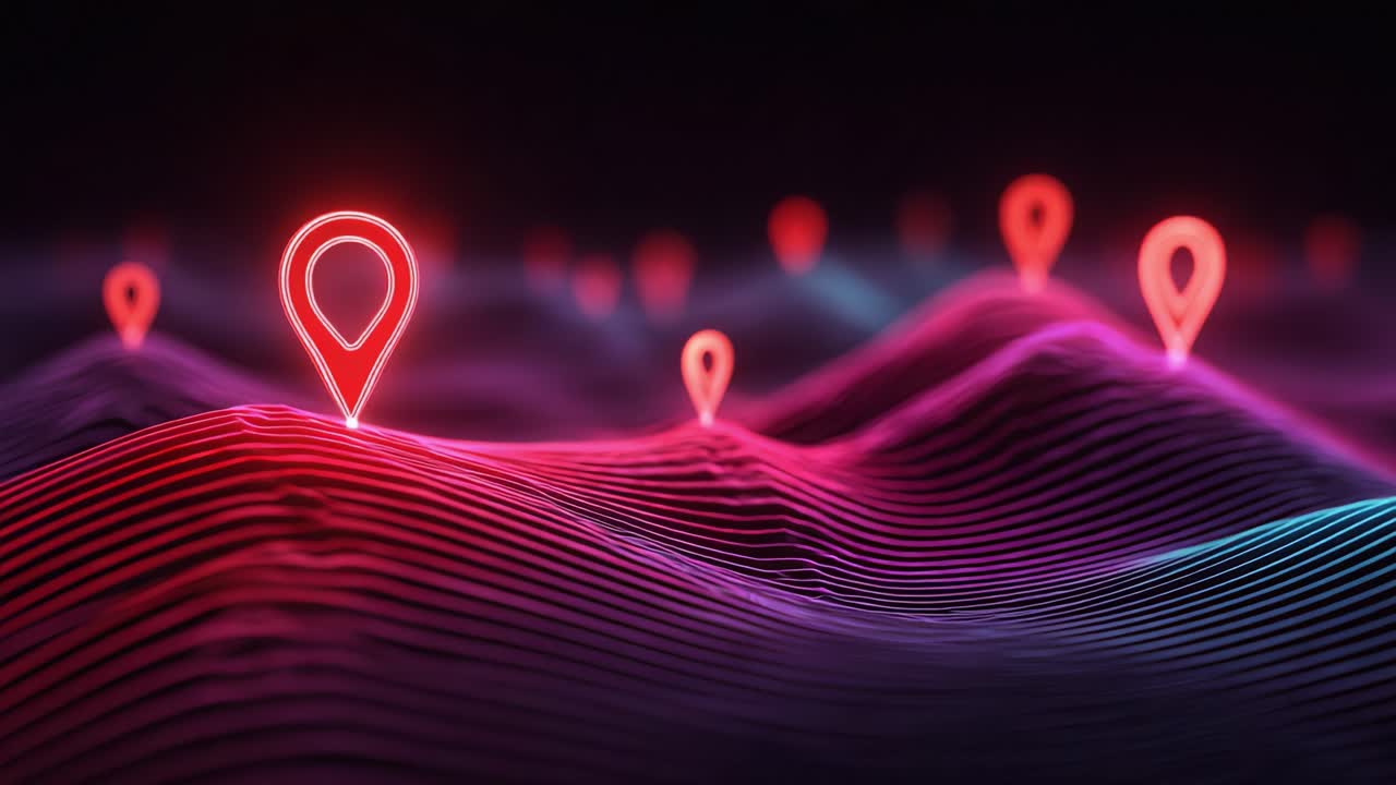 Abstract Representation of Digital Navigation Points on Vibrant Wavy Terrain with Neon Location Markers Highlighting Modern Geolocation Technology