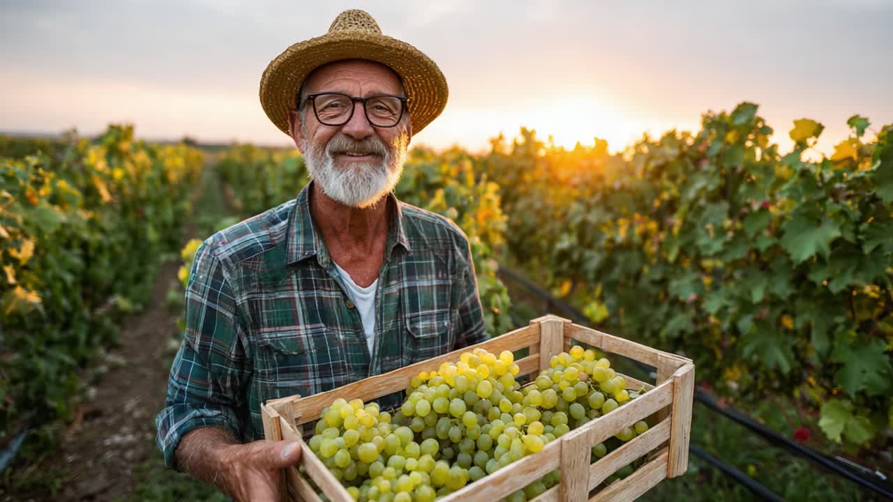 Joyful Vintage Farmer Smiles with Harvested Grapes at Sunset, Embracing the Bounty of Vineyard in Serene Landscape, Showcasing a Connection with Nature and Agriculture