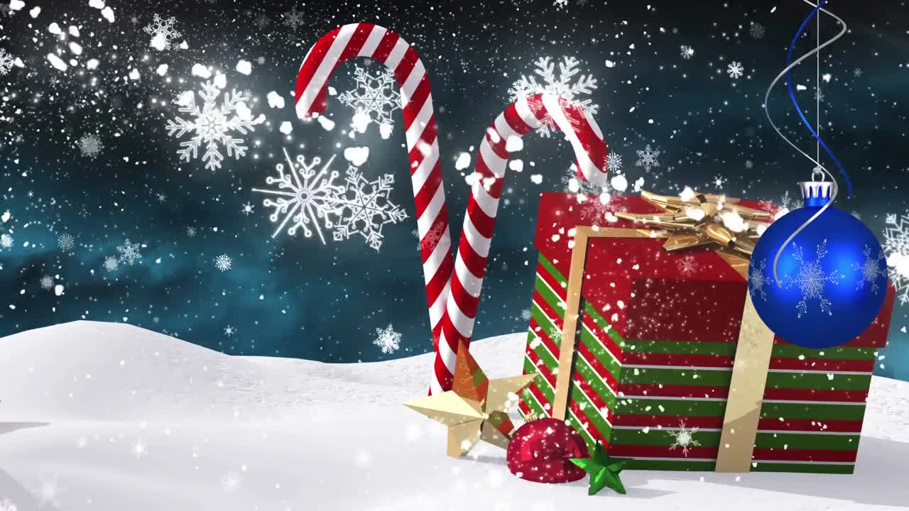 animación de la nieve cayendo, adornos de navidad con caña de caramelo y presente sobre el paisaje de invierno