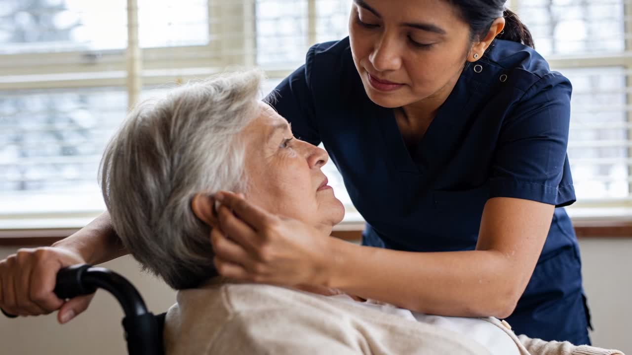 Leaning carer navy top cleaning senior's ear with cotton for care by window wheelchair, copy space