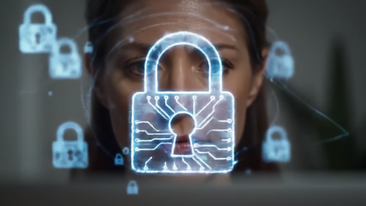 Woman looking at a digital security interface