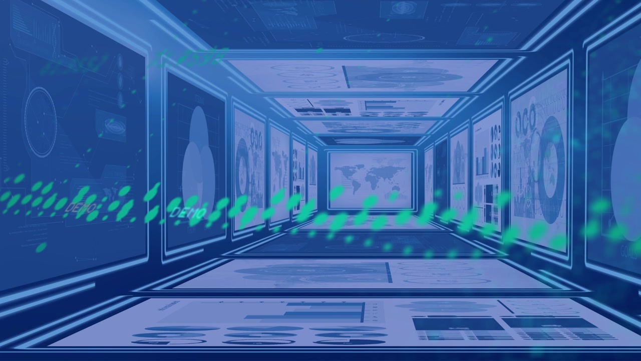 Digital Data Visualization Corridor with Moving Financial Charts