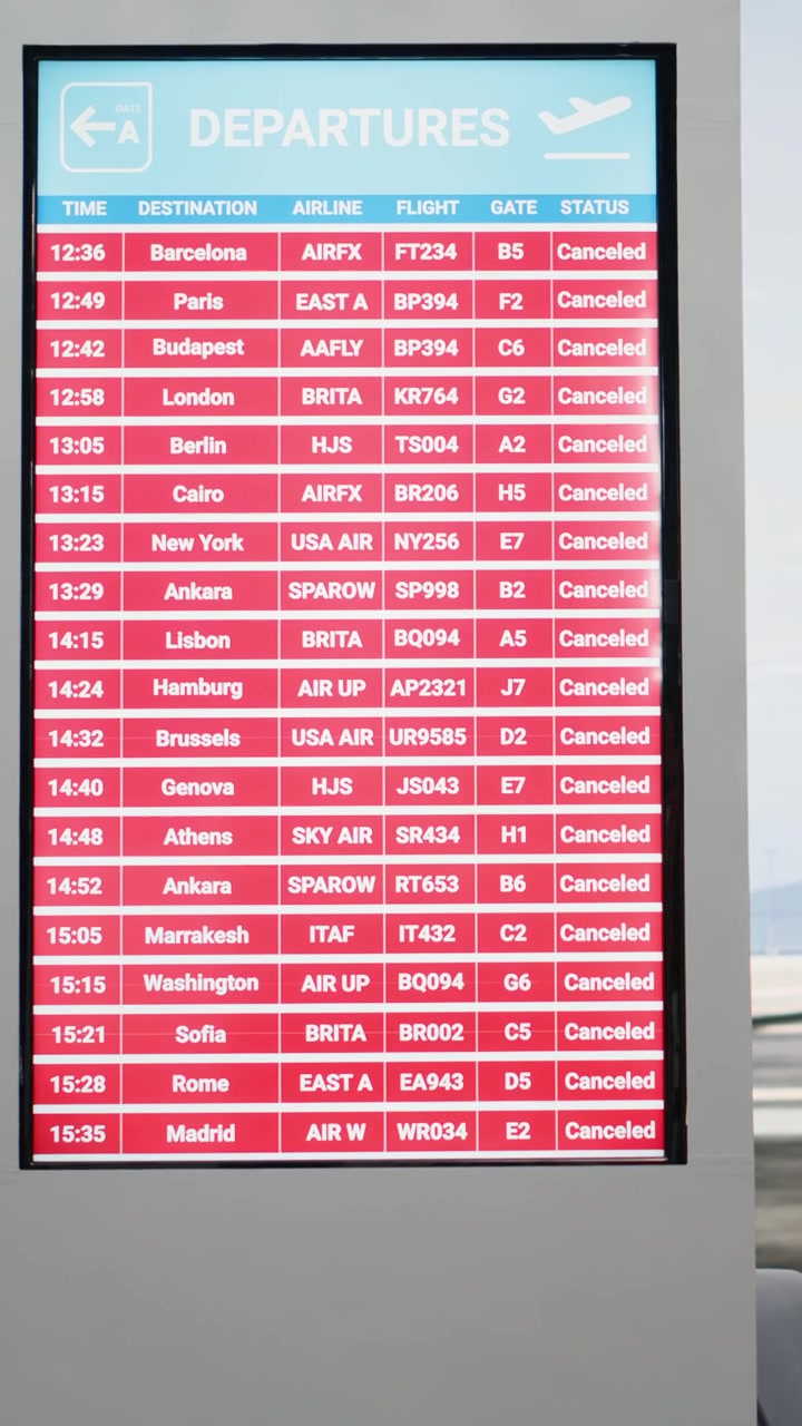 Video vertical. Múltiples vuelos cancelados en pantalla de información, enfatizando el caos de los viajes.