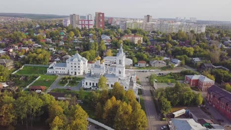 view from the drone of the church. clip. top view of the temple in the city. the big church in the city centre