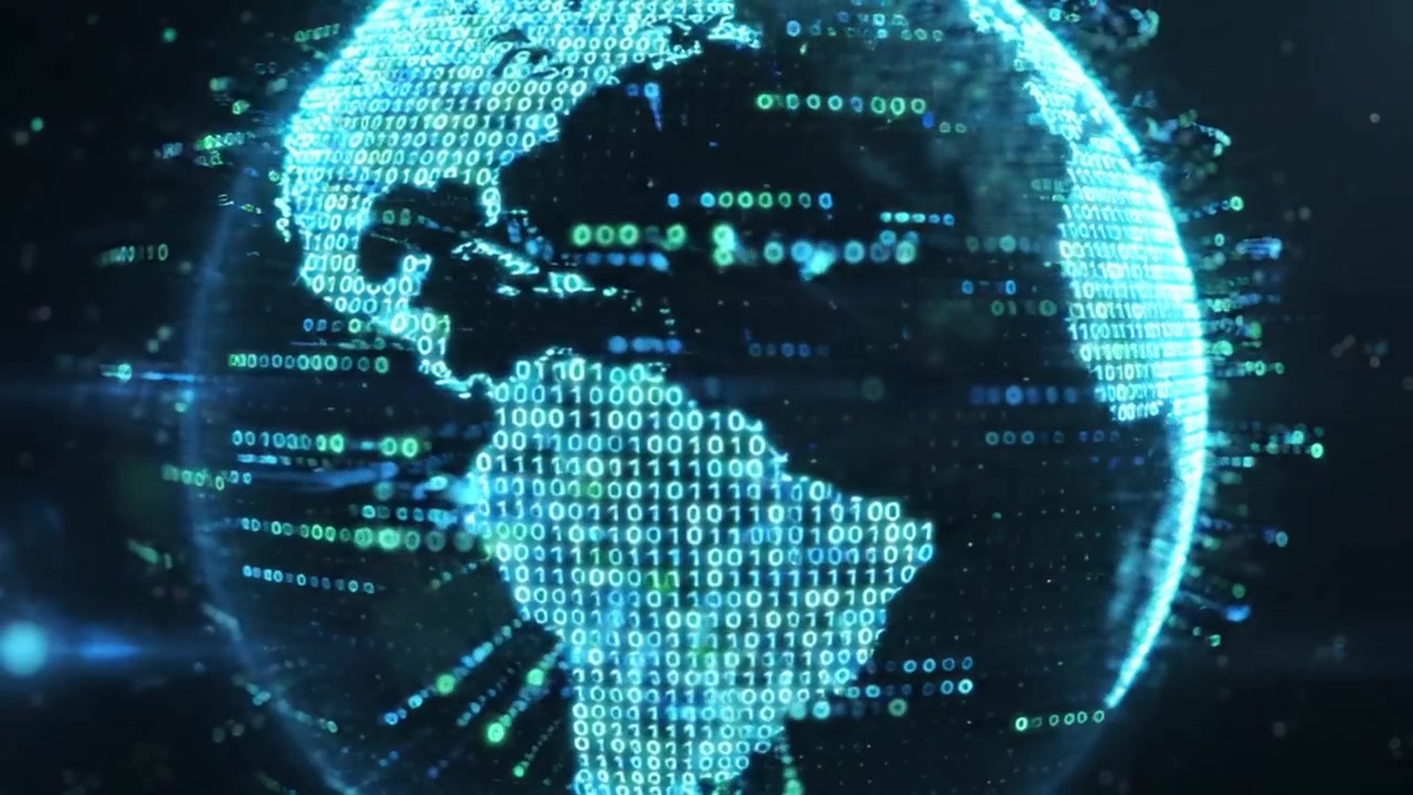 Visual Representation of a Digital Earth: A 3D Animated Globe Composed of Binary Code, Transitioning Through Different Perspectives in a Virtual Environment